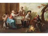Fröhliche Gesellschaft Beim Umtrunk im Freien by Johann Conrad Seekatz, oil on copper, offered Sep 2024