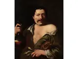 Bildnis Eines Bäuerlichen Mannes mit Weinflasche und Lauchzwiebeln by Neapolitanischer Caravaggist des 17. Jahrhunderts, oil on canvas, offered Jun 2019