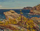 Near Puckasaw River, Nipigon, Lake Superior by A. Y. Jackson, oil on board, sold May 2020