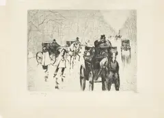 Winterliche Tiergartenallee mit Pferdedroschken by Lesser Ury, Um 1920, Kaltnadel auf dünnem Bütten, sold Apr 2025