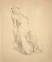 Kniender weiblicher Akt, sich nach hinten abstützend by Jeanne Mammen, Um 1939, Bleistift auf Papier, sold Apr 2025
