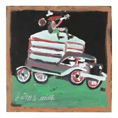 Musician on a Car by Jimmy Lee Sudduth, "sweet mud" and house paint on board, sold Oct 2023
