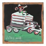 Musician on a Car by Jimmy Lee Sudduth, "sweet mud" and house paint on board, sold Oct 2023