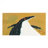 Folk Art Painting of a Penguin by Clyde Jones, Paint on panel with collaged nut eye, sold Oct 2023