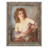 Woman Playing a String Instrument by Mária Szánthó, Oil on canvas, sold Oct 2023