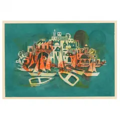 Boats in a Harbor by Amram Ebgi, Etching and aquatint in colors, sold Oct 2023