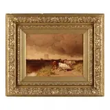 Cattle Scene with Drover by George Washington Nicholson, Oil on mahogany panel, sold Sep 2023