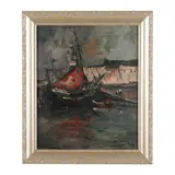 Harbor Scene with Sailboat by Armand Gustave Jamar, Oil on board, sold Sep 2023