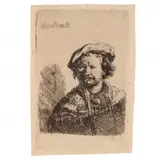 Self-Portrait in a Flat Cap and Embroidered Dress by Rembrandt Harmensz van Rijn, Etching on laid paper, sold Sep 2023