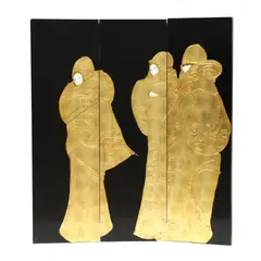 Three Panel Screen by Stephen White, Mixed media and gold leaf on panels, sold Aug 2023