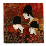 Three Women Wearing Hats by Stephen White, Oil and gold leaf on birch panel, sold Aug 2023