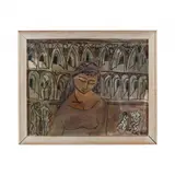 Woman with Architectural Background by Betty Bell, Mixed media on paper, sold Aug 2023
