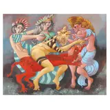 Red Beast with Exotic Friends by Julio de Diego, Tempera on paper, sold Jul 2023