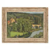L'église et le pont (Poitou) by Albert Mathieu, Oil on board, sold Jul 2023