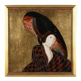 Woman with Black Hat by Stephen White, Oil and gold leaf on panel, sold Jun 2023