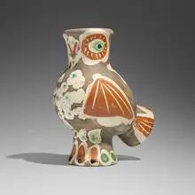 Chouette by Pablo Picasso, 1968, white earthenware clay, decoration in engobes, knife engraved under partial brushed glaze, black patina, sold Apr 2026
