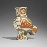 Chouette by Pablo Picasso, 1968, white earthenware clay, decoration in engobes, knife engraved under partial brushed glaze, black patina, sold Apr 2026