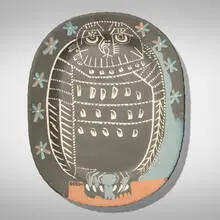 Hibou mat by Pablo Picasso, 1955, white earthenware clay, decoration in engobes engraved by knife, sold Apr 2026