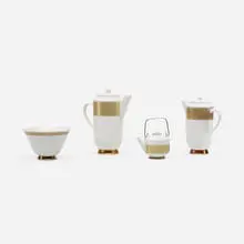 Hallesche Form tableware by Marguerite Wildenhain, 1929-30, glazed porcelain, brass, sold Aug 2022