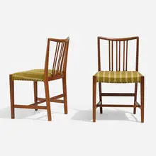 Chairs, pair by Hans J. Wegner, c. 1945, oak, upholstery, steel, sold Aug 2022