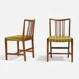 Chairs, pair by Hans J. Wegner, c. 1945, oak, upholstery, steel, sold Aug 2022