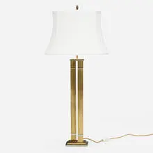 Table lamp by Maison Jansen, c. 1970, brass, chrome-plated brass, linen, sold Aug 2022