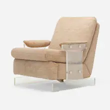 Lounge chair by Modern, c. 1980, Lucite, upholstery, chrome-plated brass, sold Aug 2022
