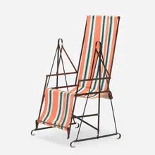 Swing chair by Modern, c. 1940, wrought iron, canvas, wood, sold Aug 2022
