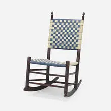 Rocking chair by Shaker, c. 1900, stained wood, canvas webbing, sold Aug 2022