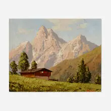 Mountains by Peter Haller, c. 1955, oil on pressboard, sold Aug 2022