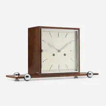 Table clock by Kienzle, c. 1930, walnut burl, glass, chrome-plated steel, chrome-plated brass, sold Aug 2022