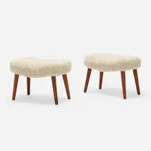Stools, pair by Madsen og Schubell, c. 1950, sheepskin, beech, oak, sold Aug 2022