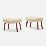Stools, pair by Madsen og Schubell, c. 1950, sheepskin, beech, oak, sold Aug 2022