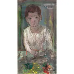 Untitled (Woman with Earrings at Table) by Ruth Gikow, oil on canvas, sold Sep 2024