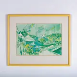 Offset Watercolor on Paper by Town Scene, Vintage offset watercolor on paper of a quaint town by Ameri, sold Feb 2025