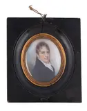 Portrait of a gentleman in blue frock coat Watercolour on ivory Inscribed verso By Will: Wood of Cork Street Lond by William Wood, Wood, sold Feb 2018
