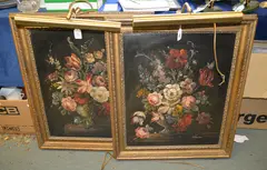 Flowers in a vase Oil on canvas, a pair Both signed lower right Each 59 x 44cm (23 1/4 x 17 1/4in.) by E. Vander, Oil on canvas, a pair Both signed lower right Each, sold Dec 2017