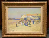 Art class on a beach Oil on board Signed and dated 1910 lower left 38.5 x 51cm (15 1/8 x 20in.) Provenance: Vose Galleries, Boston by Lawrence Grant, 1910, Oil on board, offered Dec 2017