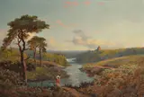 Girl crossing a river Oil on canvas Signed, lower left 51 x 77cm.(20 x 30 3/8in.) by Edmund John Niemann, Oil on canvas, sold Dec 2017