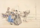 Women conversing before a pony and a trap Watercolour over by Michael Green, Watercolour over pencil, offered Dec 2017