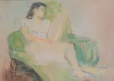 Woman in a floral dress Coloured by Claude Rogers, pastel, offered Dec 2017
