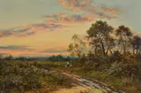Figures on a path at sunset Oil on canvas Signed, lower right 51 x 76.5cm (20 x 30in.) by Daniel Sherrin, Oil on canvas, sold Dec 2017