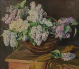 Basket of flowers Oil on canvas Signed, lower left 75 x 85cm (29 1/2 x 33 1/2in.) by Dominik Skuteczki, Oil on canvas, sold Dec 2017