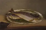Trout on a platter Oil on board Signed lower right 34.5 x 52cm (13 1/2 x 20 1/2in.) by Charles H. Branscombe, Oil on board, sold Dec 2017