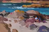 Figures Sheltering Oil by Donald McIntyre, Oil on canvas-board, sold Dec 2017