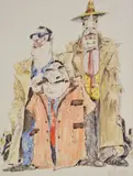 A caricature of three figures Biro and by Hugh Dodd, watercolour, offered Dec 2017