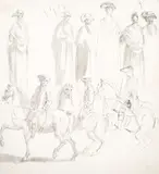 A sheet of studies of standing women and horsemen Pen and by Paul Sandby, Pen and grey wash, sold Nov 2017