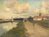 Canal scene with windmill Oil on board Signed, lower right 30 x 42cm (12 x 16 1/2in.) by Leopold Rivers, Oil on board, offered Oct 2017