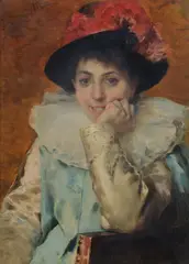 Girl in a pink plumed hat Oil on canvas Signed, upper left 31 x 26cm (12 1/4 x 10 1/4in.) by Federico Andreotti, Oil on canvas, sold Oct 2017
