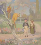 A walk in the park Oil on canvas Bears signature, lower right 64 x 59cm (25 1/8 x 23 1/4in.) by Att to James Allen Saint-John, Oil on canvas, sold Oct 2017